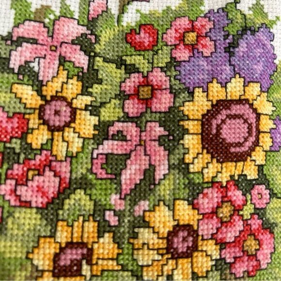 14” X 37 “ Topiary Flowers & Fruits Crossstitched Unframed - Picture 5 of 10
